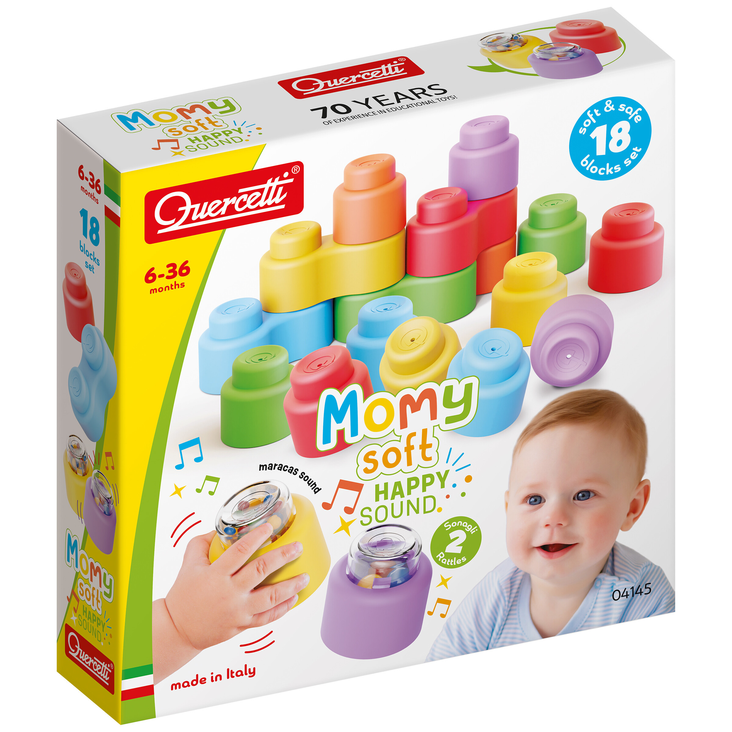 Momy Soft Happy Sound - měkké kostky + 2 zvukové kostky - 18 ks